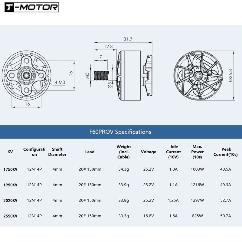 T-Motor F60 PRO V F60PROV 1750KV 1950KV 2020KV 2550KV 5-6S Bürstenloser Motor für RC Drone FPV Racing