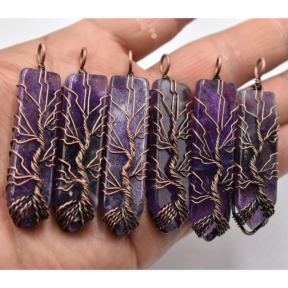 

Natural stone amethyst Pillar Pendants Handmade Antique copper Wire Wrapped Tree of Life Wholesale 6Pcs/Lot for Necklace Jewelry