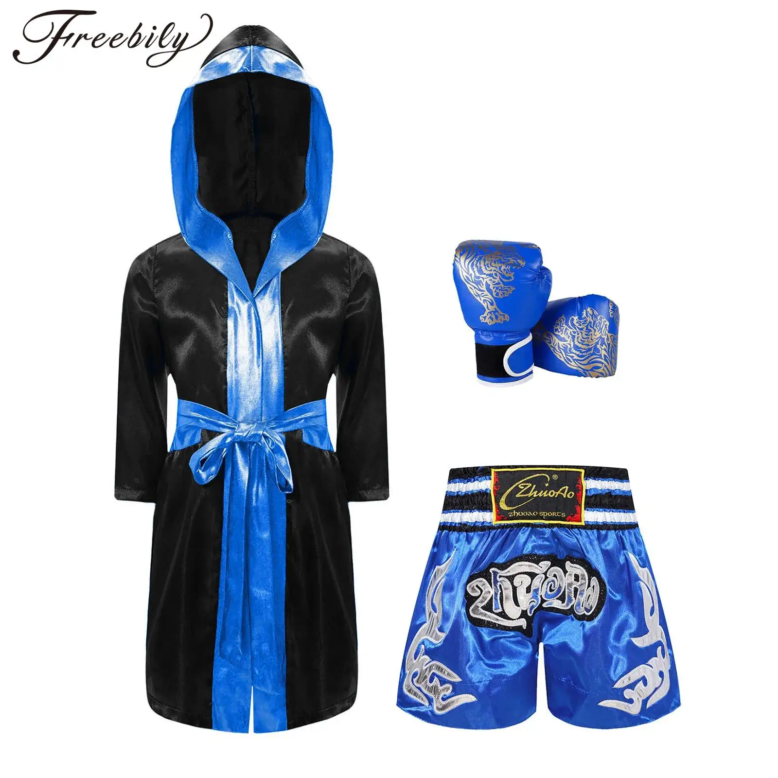 Kids Boys Boxing Costumes Halloween Carnival Cosplay Costumes Hoodie Boxer Robe Cloak with Muay Thai Shorts Boxing Gloves