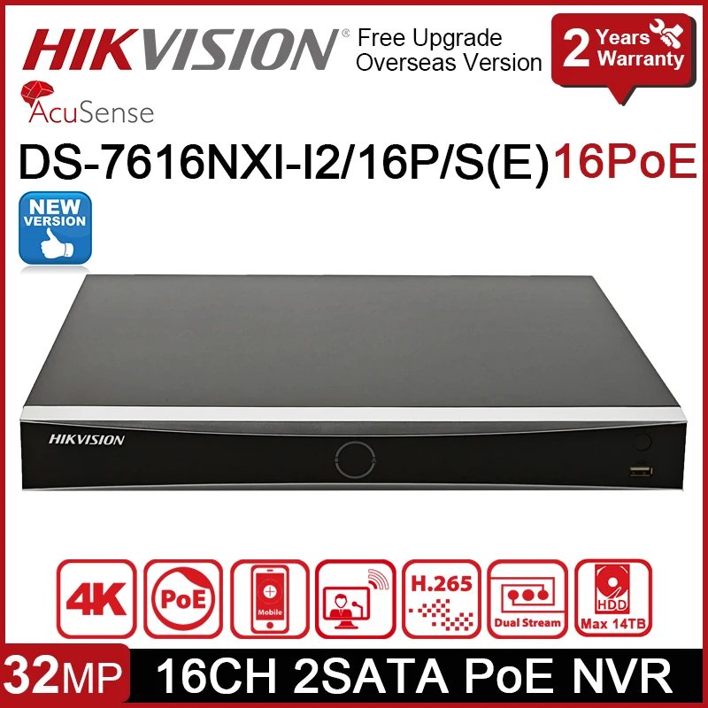 New Hikvision 4K NVR POE Onvif DS-7616NXI-I2/16P/S AcuSense NVR 16 Channels Surveillance Video Recorder For Max 32MP IP Camera