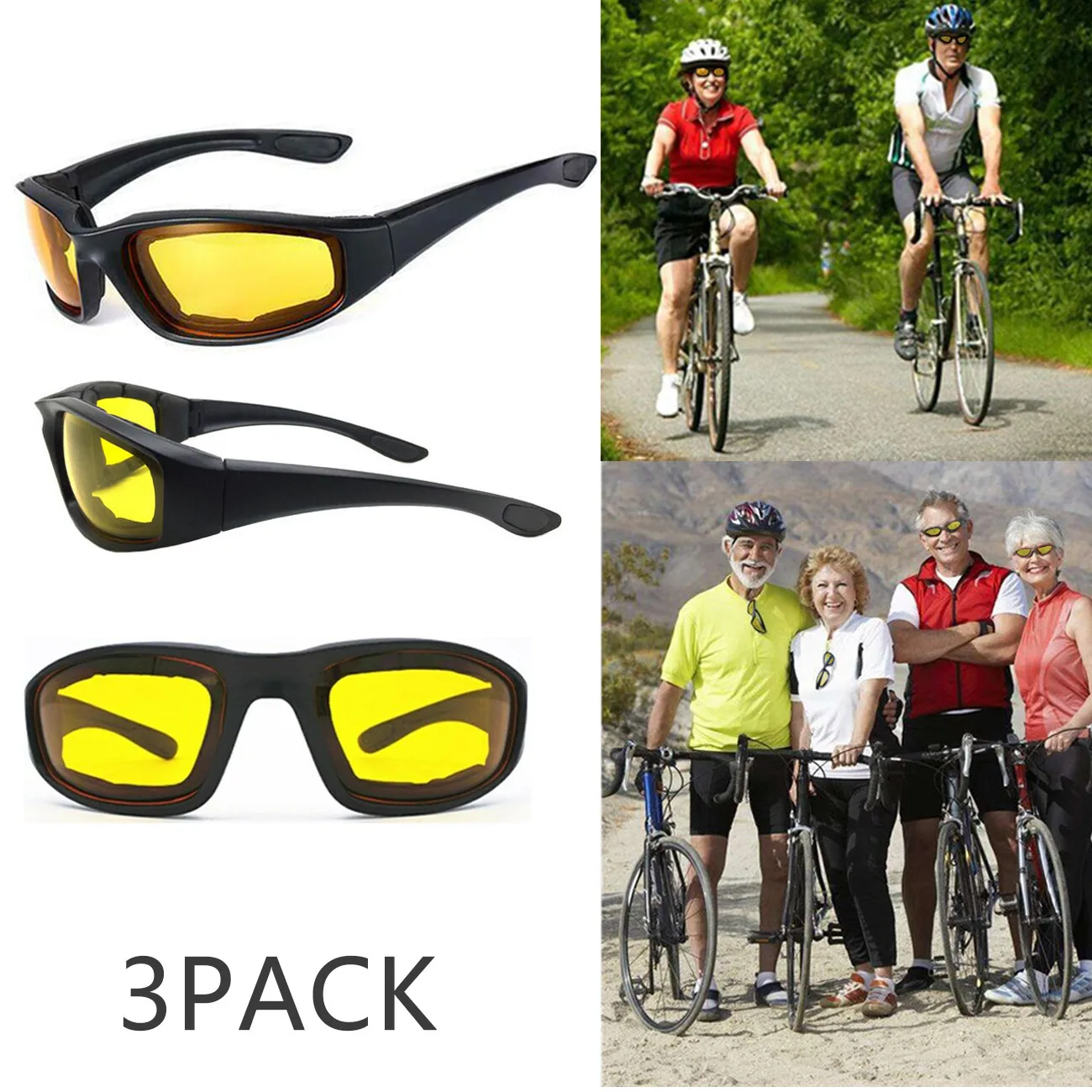 

3 Pairs Outdoor Sports Riding Glasses, Windproof Motorcycle Bicycle Cycling Goggles, UV Protection Sports Sunglasses with Yellow Lens, Anti-Glare Wind Resistant Eye Protection Eyewear, Comfortable Fit Lightweight Design, Perfect for Cycling, Motorcycle Dr
