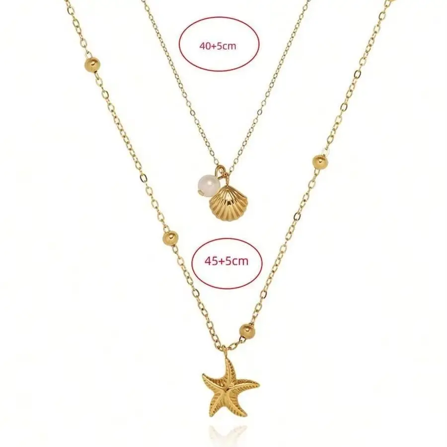 2026New Stainless Steel Layered Starfish Conch SeaShell Pearl Charm Necklace Starfish Shell Necklace Female Summer Beach Jewelry