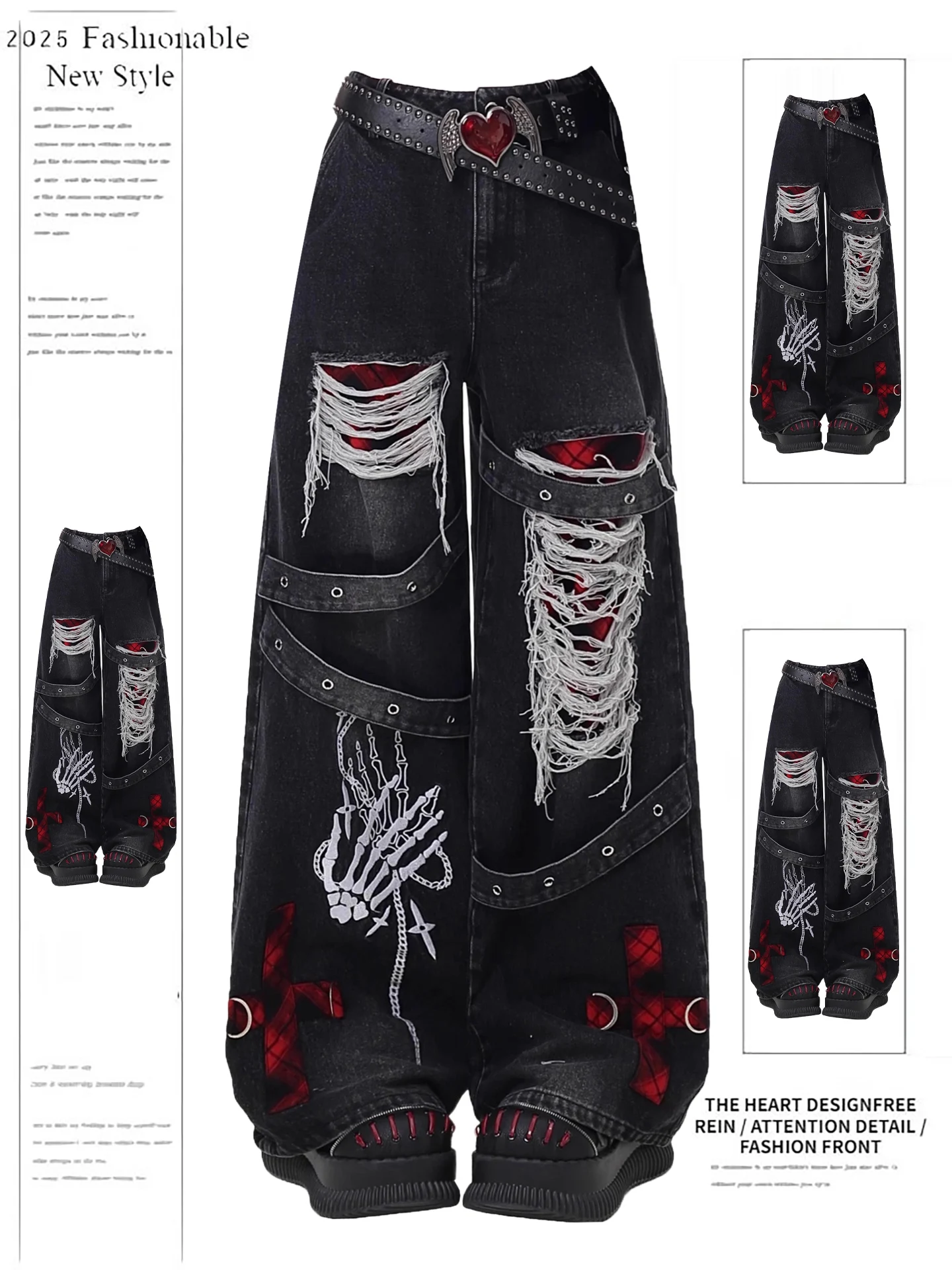 

American Sle Vintage Ripped Denim Jeans Women's Spring Autumn New Punk Sle Waed Wide Leg Pants High Waist Long Pants