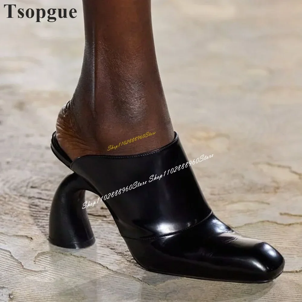 

Catwalk Black Leather Half Slippers Strange Style Heel Shoes For Women Slip On Square Toe 2024 Fashionable Zapatos Para Mujere