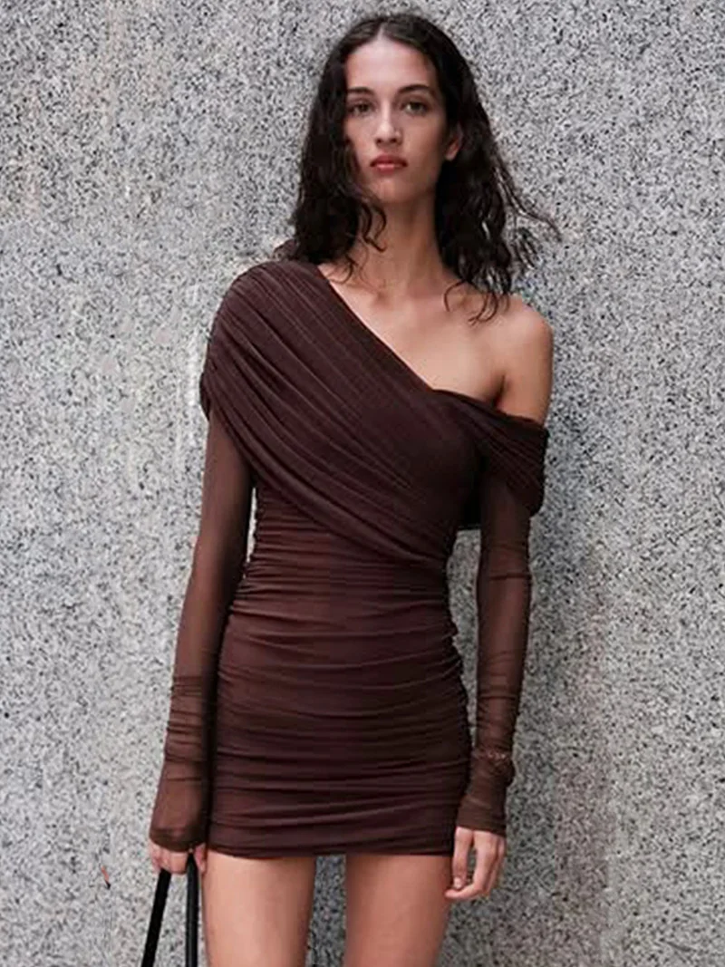 DGLUKE – Mini robe Sexy en maille transparente pour femmes, épaules dénudées, manches longues, asymétrique épaule dénudée, froncée, moulante