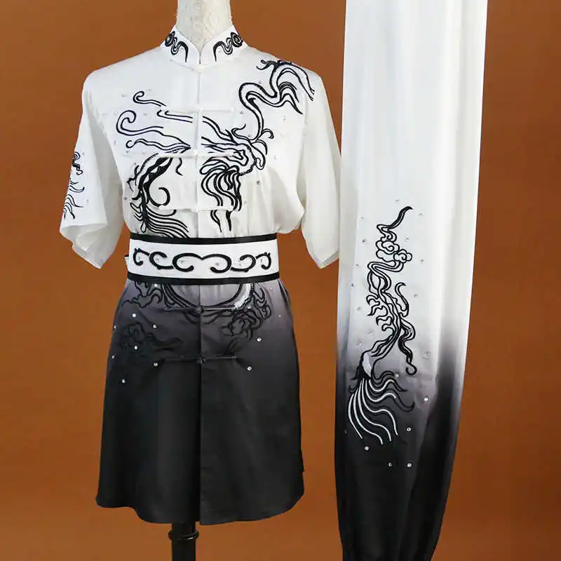 High-End Classic Real Silk Dragon Embroidery Nanquan Wushu Suit, Short Collar Martial Arts Uniform for Competition Performance G