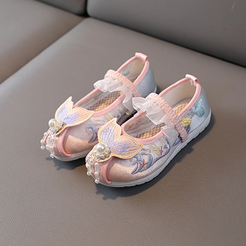 Girls Embroidered Cloth Shoes Traditional Style Kids Mermaid Pearl Chain Shoes Chinese Ancient Children Hanfu Performance Shoes