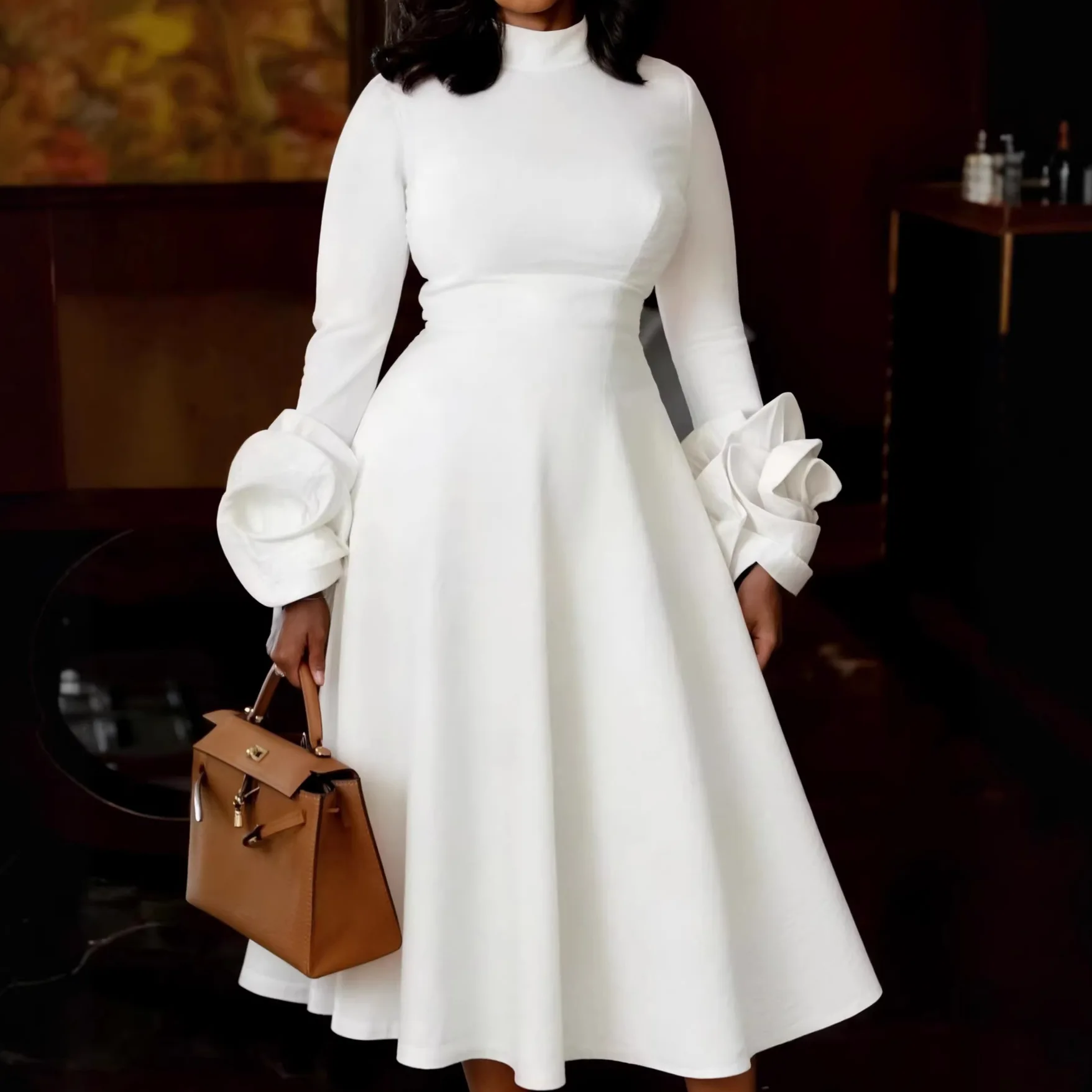 

Africa Clothing Women Pleated Dress Half High Neck Long Sleeve with 3D Floral High Waist Weddings Christmas Formal Events