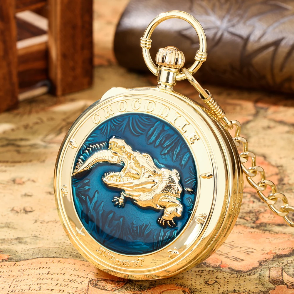 Steampunk Music Pocket Watch Crocodile Pattern Design Big Size Quartz Musical Movement Pendant Pocket Clock with Thick Chain Men