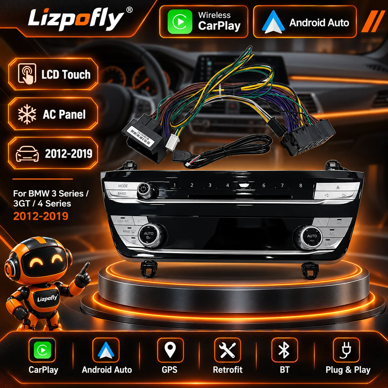 Lizpofly for BMW 3 Series 3GT 4 Series 2012-2019 LCD Touch AC Panel Retrofit Wireless Android Auto CarPlay GPS