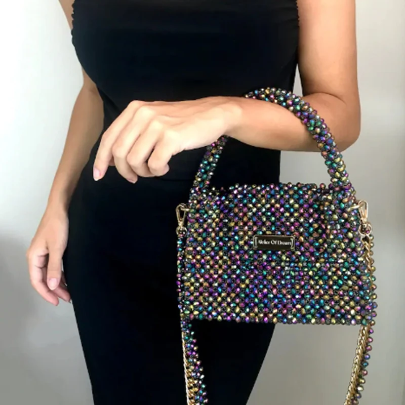 Customized Wholesale Beaded Bag New Ins Handwoven Colorful Crystal Fashion Chain Crossbody Bags Luxury High End Banquet Handbag