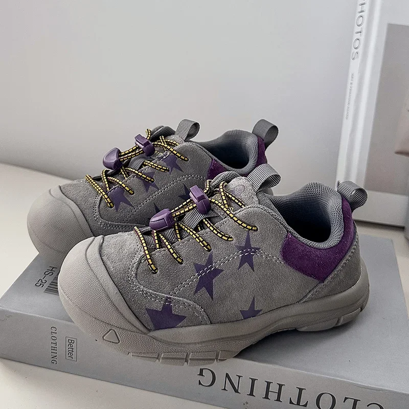 Toddler Girls Outdoor Hiking Shoes, Star Print Design, Quick Release Laces, Toe Cap Protection, Non Slip Sole for Daily Hiking
