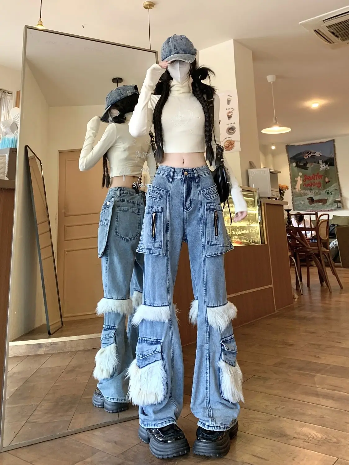 Women Y2k Vintage Streetwear Harajuku Low Rise Denim Flare Pants 2025 Autumn Winter 2000s American Retro Trousers Cargo Jeans