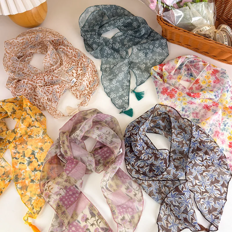 Pastoral Style Floral Print Silk Scarf for Women Neck Scarf Hair Rope Tie Ponytail Holder Headband Female Accessories Headdress
