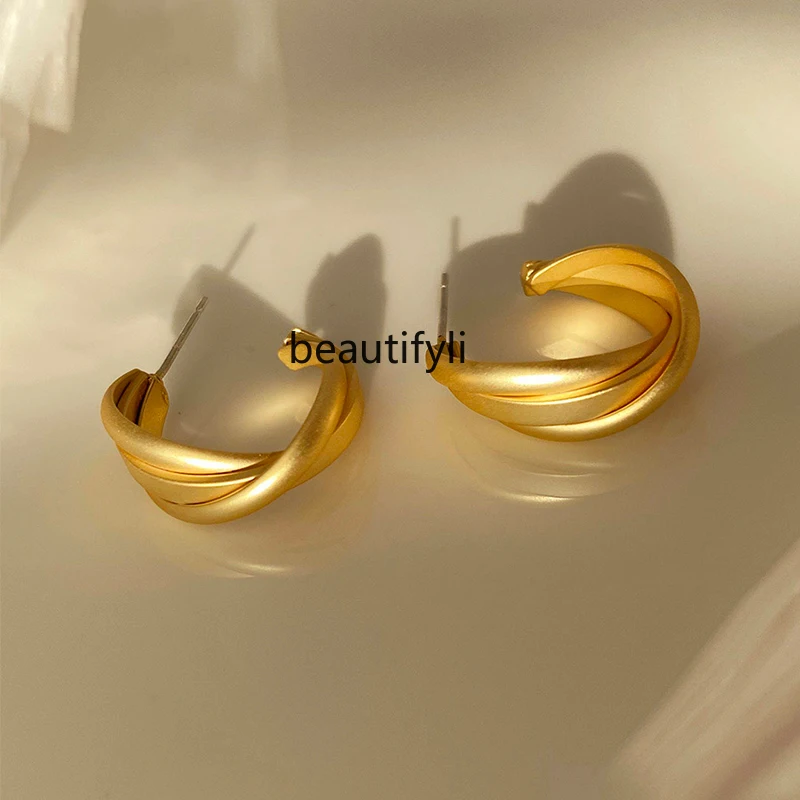 925 Silver Needle Refined Grace Elegant Earrings Trendy Fashion Normcore Style Texture Matte Gold Earrings Women