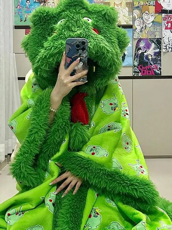 Зимняя утепленная теплая домашняя одежда в стиле аниме, нечеткая пижама с капюшоном, халат с ямочками, рождественский подарок