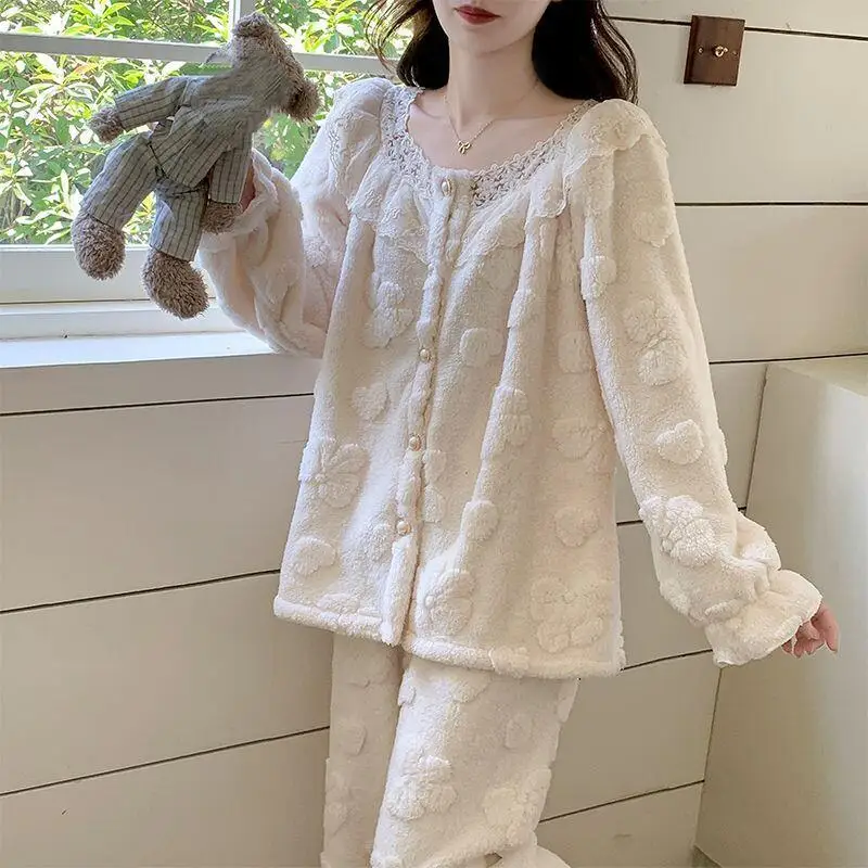 

Girl Lace Leisure Wear Autumn and Winter Coral Fleece Long Sleeves Thicken Fashion Keep Warm Pajamas Loungewear Set Dopamine