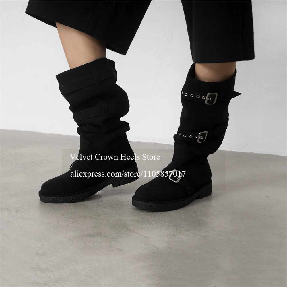 Suede Buckle Strap Slouchy Mid Calf Boots Pleated Round Toe Pull on Low Heel Boot Casual Fashion Daily Comfortable Autumn Winter