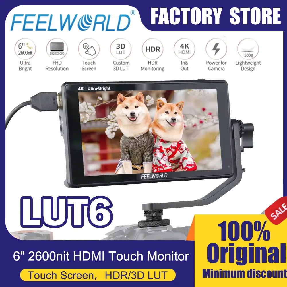 FEELWORLD 6 Inch Monitor LUT6 Ultra Bright 2600nits 4K HDMI Full HD 1920x1080 IPS HDR 3D LUT Touch Screen Field DSLR Monitor