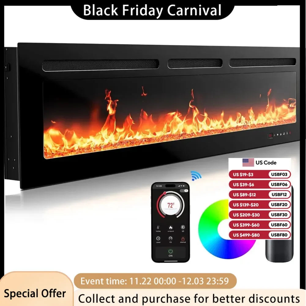 50 Inch Electric Fireplace Heater with Application and Remote Control, 5300 BTU Heat Output, Timer, 20 Flame Colors