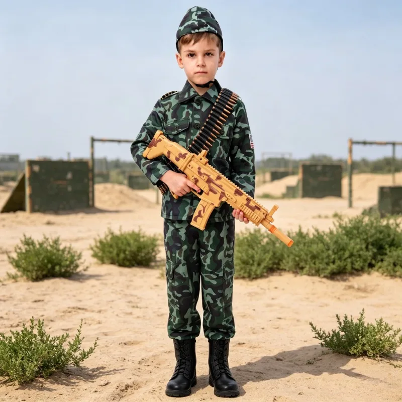 Boys Girls Soldier Cosplay Costume Army Camouflage Uniform with Hat Suit for Halloween Party School Stage Performance Dress up