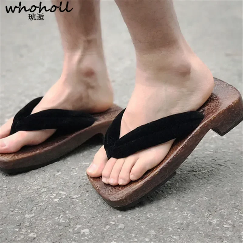 WHOHOLL Wooden Slippers Man Japanese Samurai Clogs Wooden Flat Geta Male Cosplay Costumes Thick Bottom Japanese Clogs Male