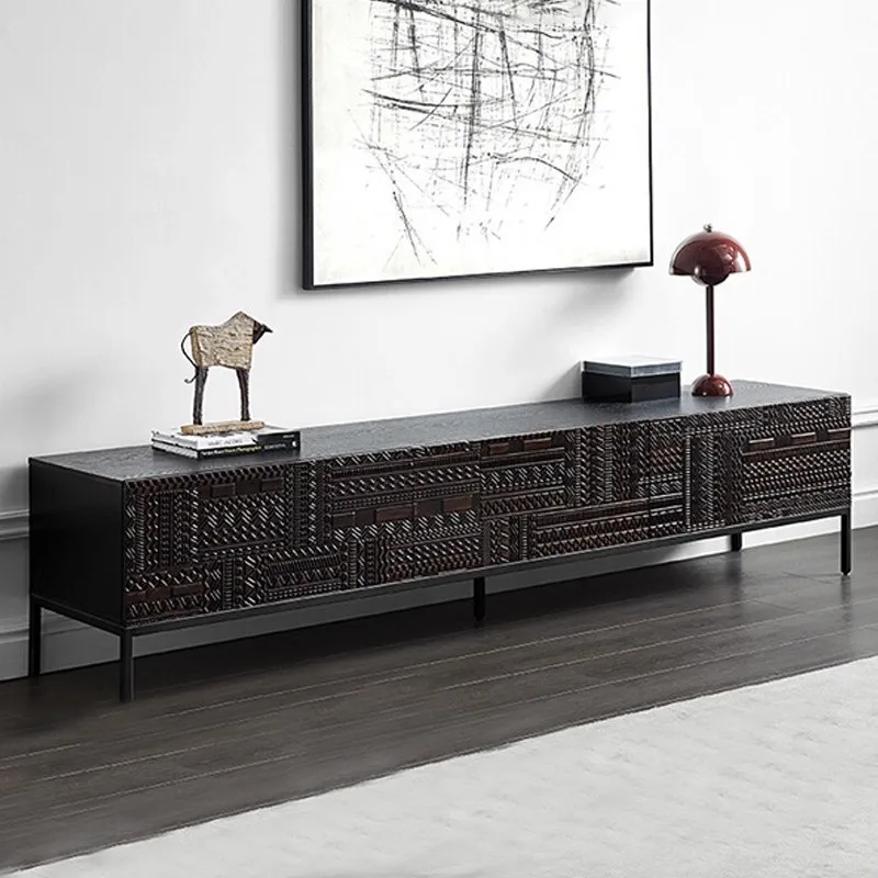 Nordic retro wabi-sandy wind solid wood TV cabinet Belgian medieval industrial wind hand-carved teak TV cabinet