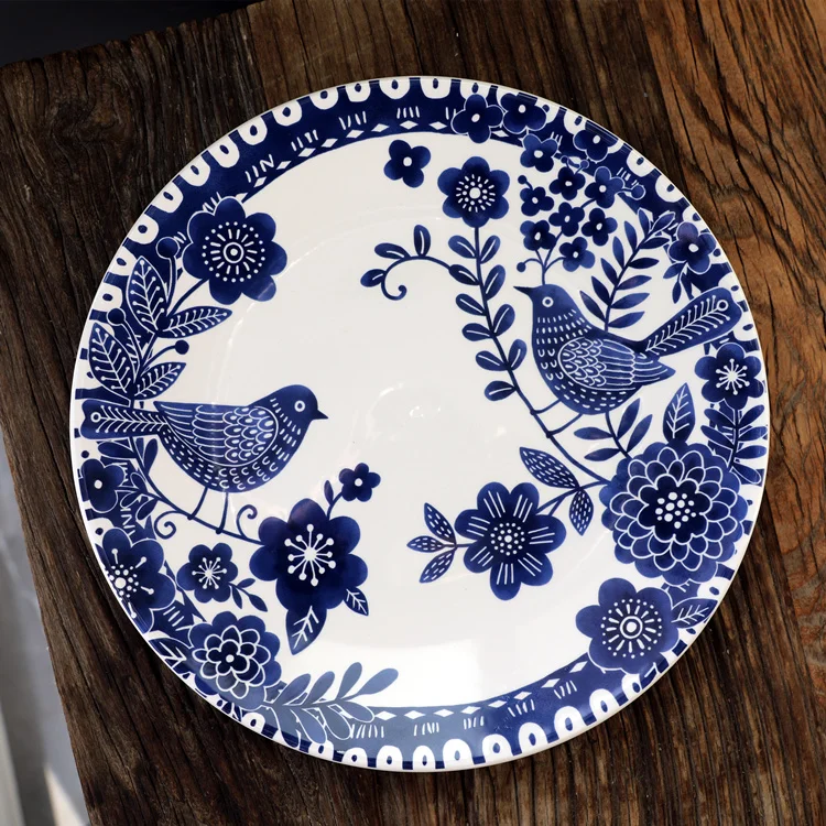 

Paper Cuttings flower blue ceramic plate American rural flat dumpling plate decorative plate simple dish noodles bowl