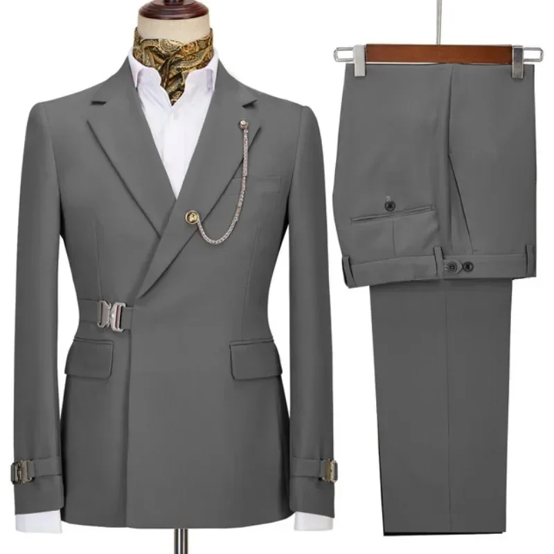 2 Pieces Green Belt Design Double Breasted Mens Suits Coat Pant Latest Design Wedding Suits Groom Prom Tuxedos Blazer Set