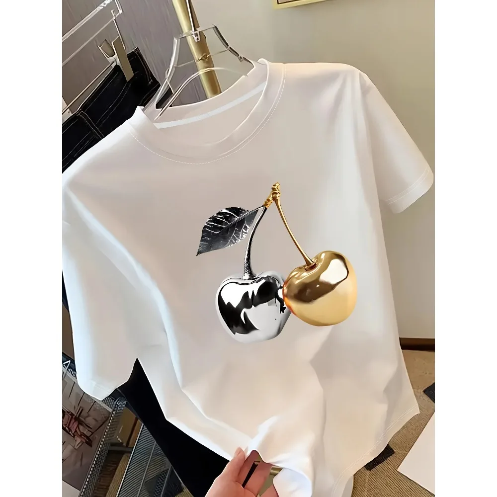 Goldener Kirschdruck Damen Kurzarm-T-Shirt Stilvolles Casual-Oberteil mit Eleganz Vielseitiges Top für Frauen Minimalistisches Design – Detail 9