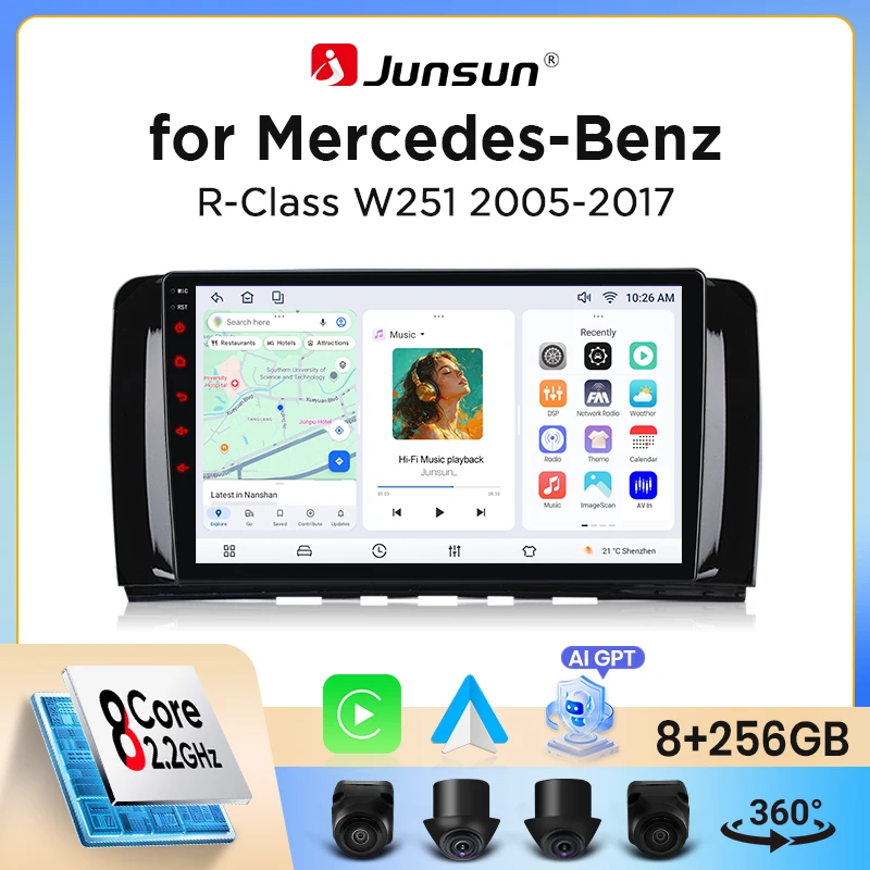 Junsun Wireless CarPlay Android Auto Autoradio für Mercedes-Benz R-Klasse (W251/V251) 2005-2013 mit integriertem Lüfter, Android GPS-Navigation, Multimedia-Player, WiFi, DSP, RDS, BT, SWC,