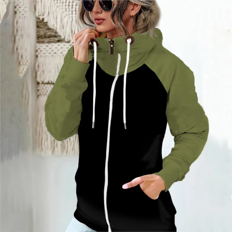 Women Casual Hoodies Autumn Long Sleeve Zipper Drawstring Hooded Sweatshirts Casual Hoodie Lady Fashion Patchwork Sportswear