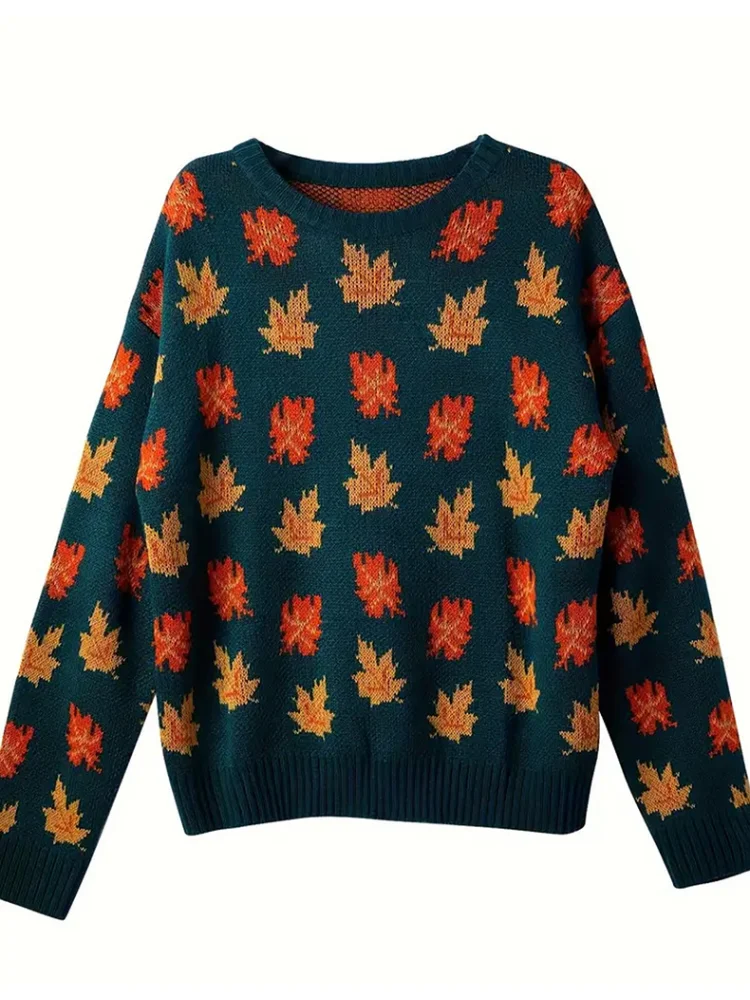 Pullovers Women Maple Leaf Jacquard Long Sleeve Plus Size Loose New Autumn Winter Fashionable Casual Knitted Pullover Sweaters