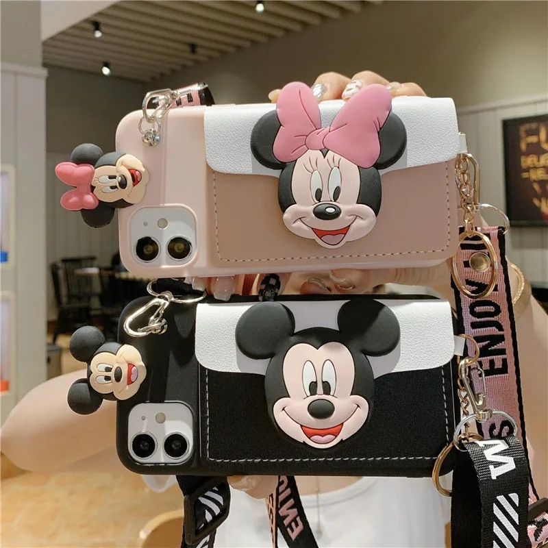 Crossbody Phone Case IPhone 15 14 13 Xs Mickey Minnie Card Insert Bag Cartoon Phone Protective Case Minnie Mickey Mouse Disney