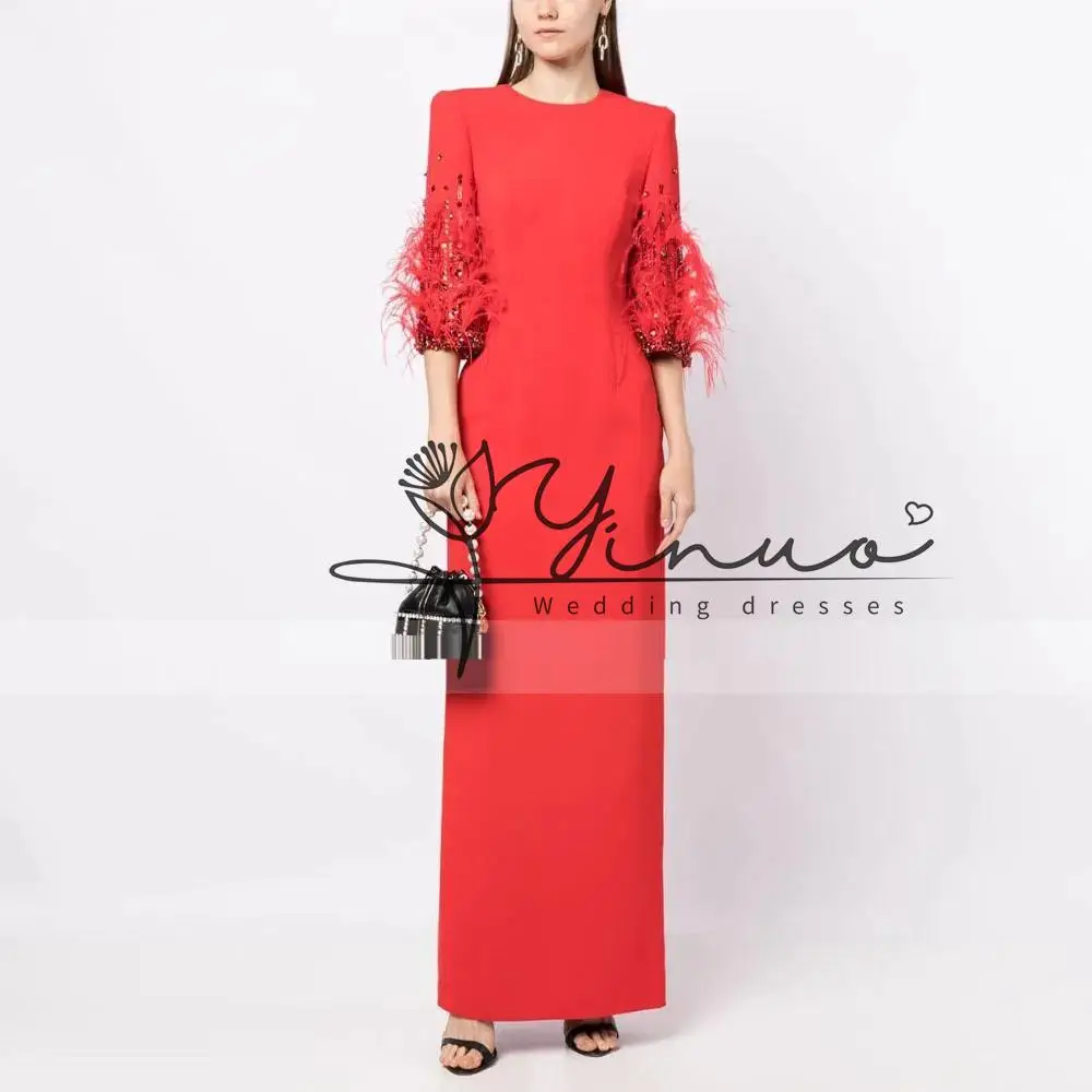 

customized Wedding Party Dress Feather Crystal 3/4 Sleeves Evening Gowns for Women Column O Neck Ankle Length Formal Dresses