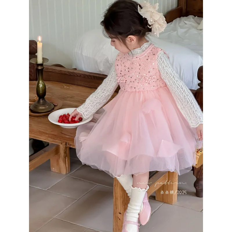 

Girls' Dress2025Autumn New Sweet Princess Dress Mesh Puff Dress Lace Base Shirt Set