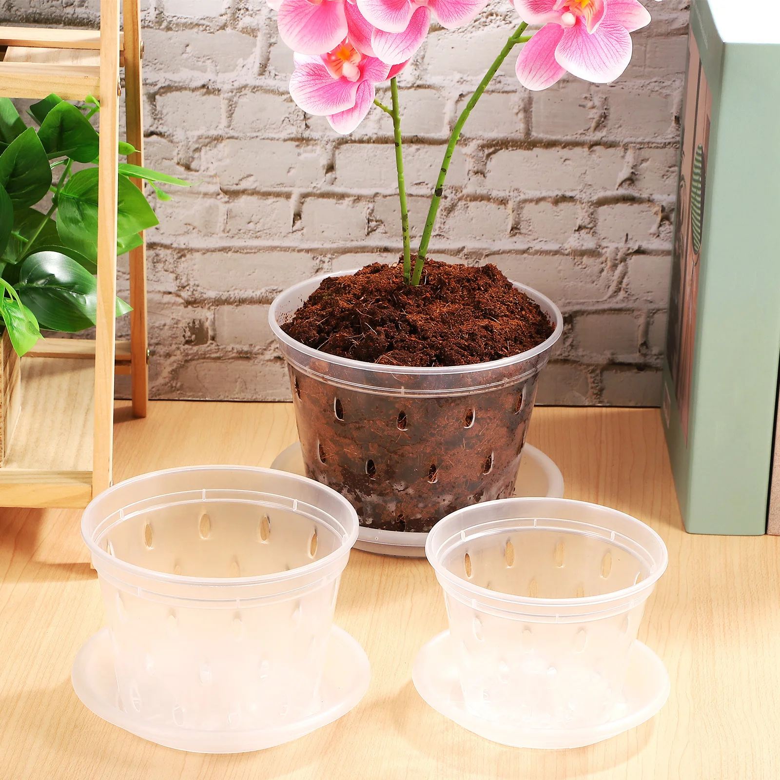 

3Pcs Plastic Orchid Nursery Pots Clear Planters Drainage Holes Gardening Pots with Saucers for Root Care Orchid Planter