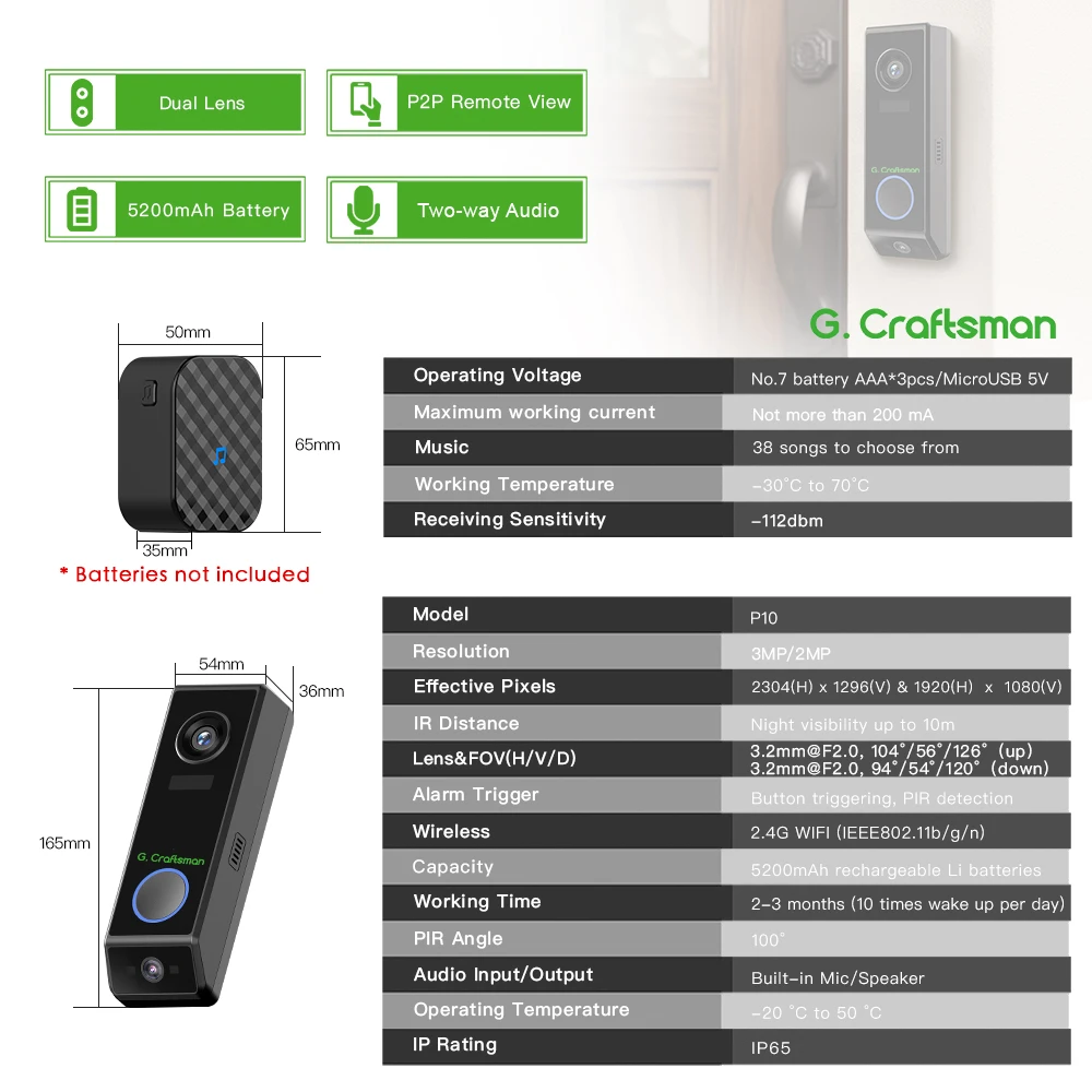 G.Craftsman Wireless WiFi Video Doorbell with Battery,Smart PIR Motion Detection,Night Vision,Intercom Doorbell Ring P10