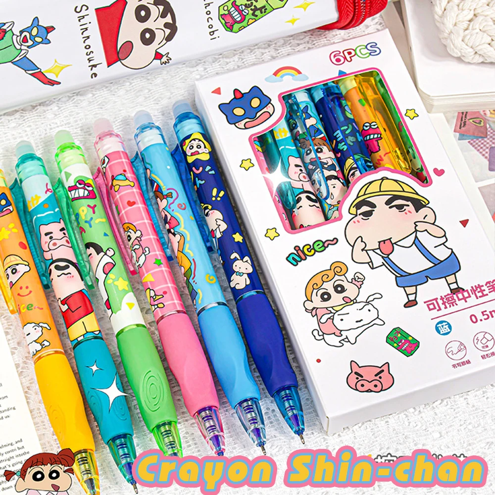 6Pcs/Set Kawaii Crayon Shin-Chan Gel Pens Set Cute 0. 5mm Blue Pen Cartoon School Student Stationery Supplies Gift