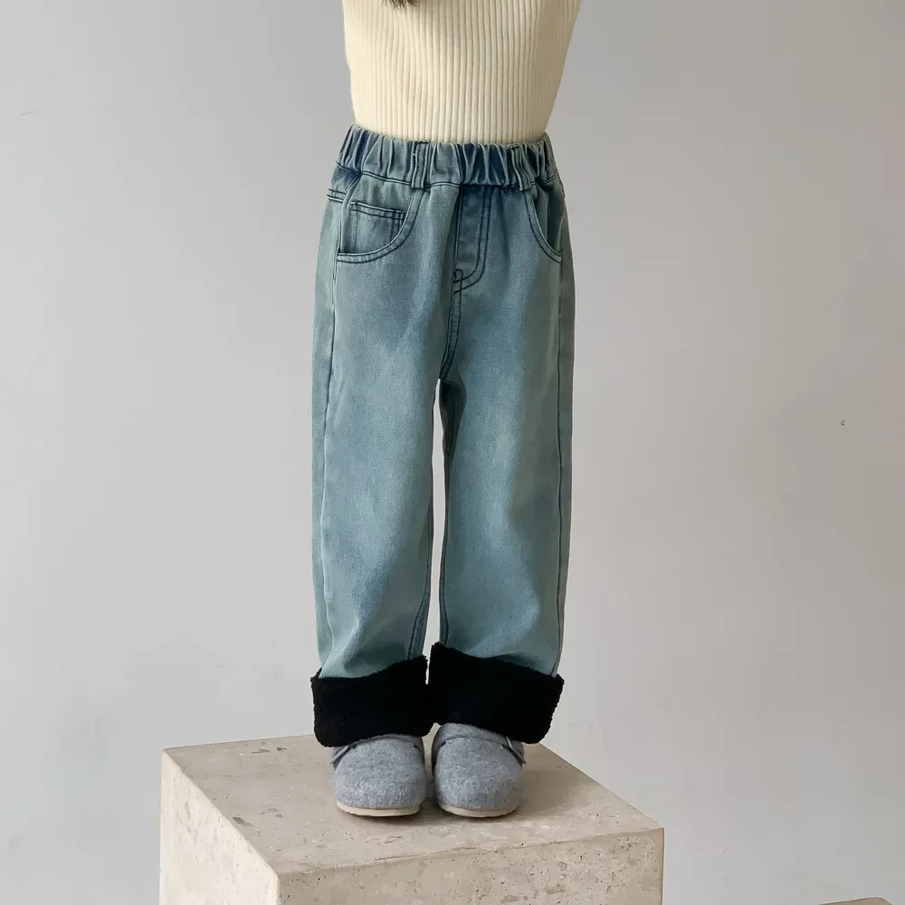 Children Straight Leg Pants Childrens Clothing Winter Baby Korean Splicing Jeans Casual Thickening Soild Velvet Elastic Waist