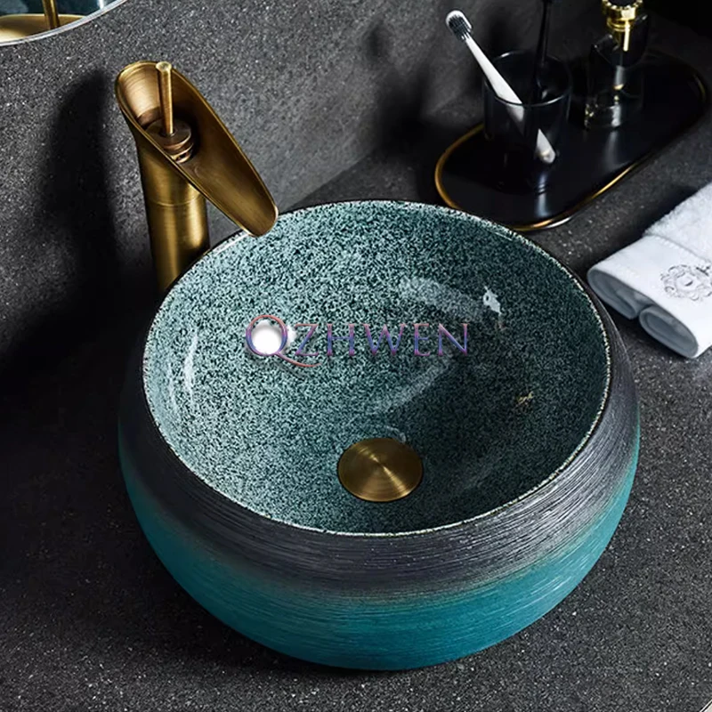 Countertop Sink Retro Ceramic Washbasin Home Light Luxury Balcony Single Basin Oval Round Tire Bathroom Vessel Sink With Tap Set