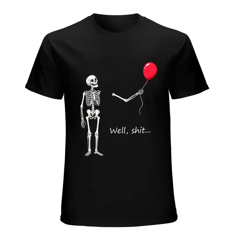 Funny Skeleton Balloon Shirt, Dark Humor Graphic Tee, Halloween Style Black Short Sleeve Cotton Blend Top, Skeleton Gift Shirt Casual Breathable