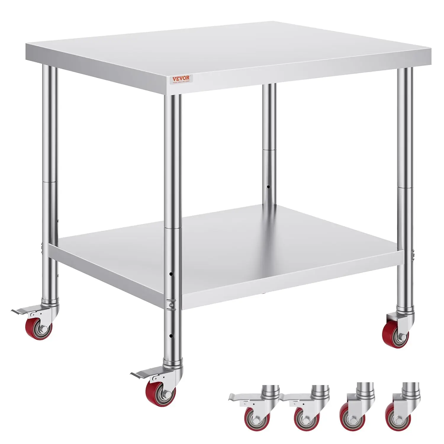 Stainless Steel Work Table 3-Stage Adjustable Shelf with 4 Wheels Heavy Duty Commercial Food Prep Worktable with Brake for Kitch