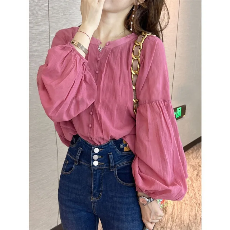 Lanterna manga cor sólida camisa feminina outono 2025 novo estilo francês temperamento commuter nicho chiffon topo