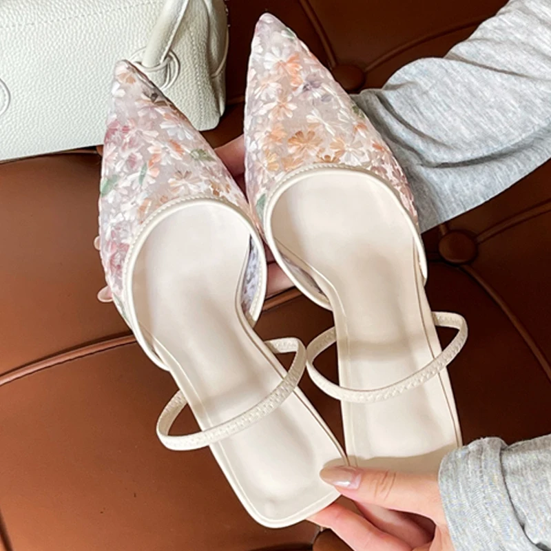 

Fashion Embroidery Flower Mesh Designer High Heels Women Elegant Back Strap Heeled Sandals Sexy Pointed Toe Wedding Bridal Pumps
