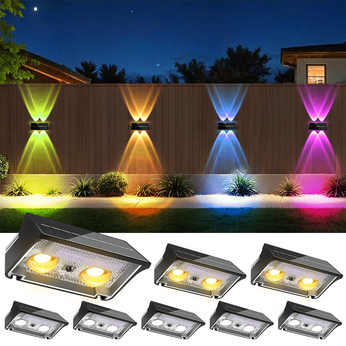 Solar Fence Lights Outdoor Solar Deck Lights IP65 Waterproof Wall Lamp for Outside Stairs Backyard 9 Fixed Colors Color Changing