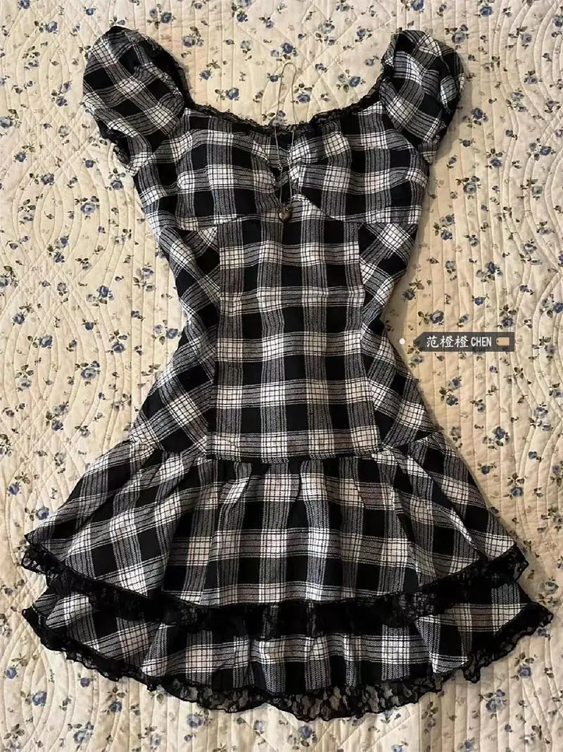 ชุดสตรีY2k Harajuku Lattice Vintage Gothic Punkฤดูร้อนSlimลูกไม้เซ็กซี่เกาหลีแฟชั่น 2024 ชุดสั้น