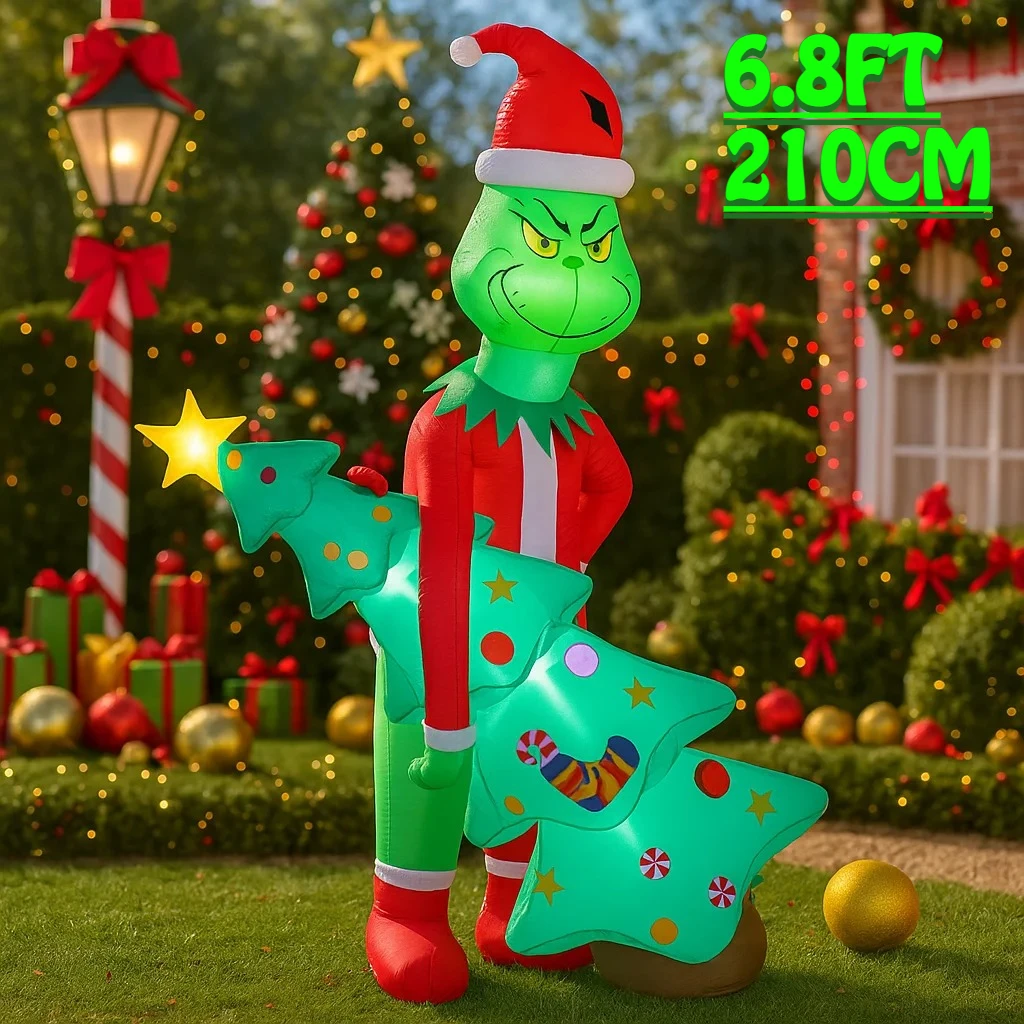 2.1 متر/6.8FT Grinch عقد شجرة عيد الميلاد نفخ نموذج زينة عيد الميلاد LED أضواء عطلة ديكور خارجي ساحة المنزل لعبة حفلة