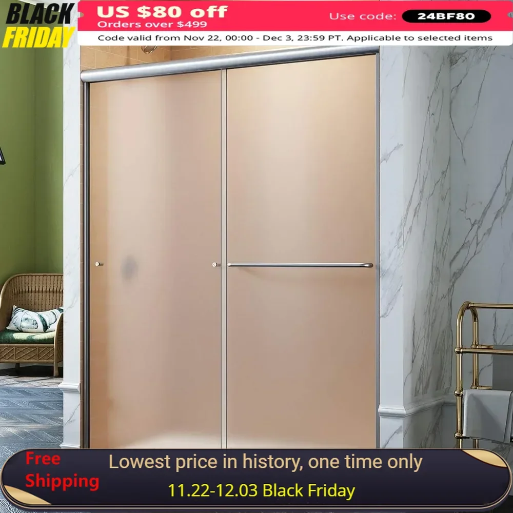 60 in W X 72 in. H Shower Doors, 1/4 Inch Frosted Glass, Brushed Nickel Finish, Semi-Frameless 2 Sliding Shower Doors