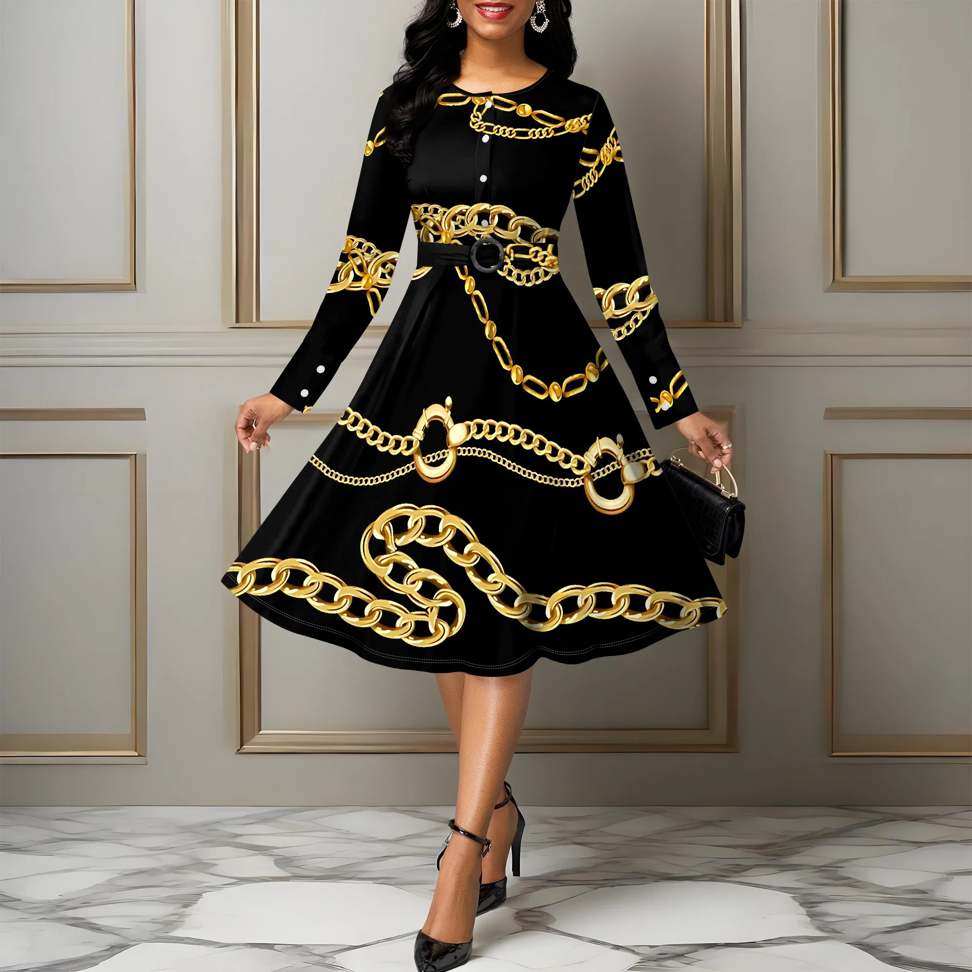

Women's Summerl Flower Print Fall Fashion Printed Long-sleeved Crew Round Neck Causl Dress Midi dresse With Belt